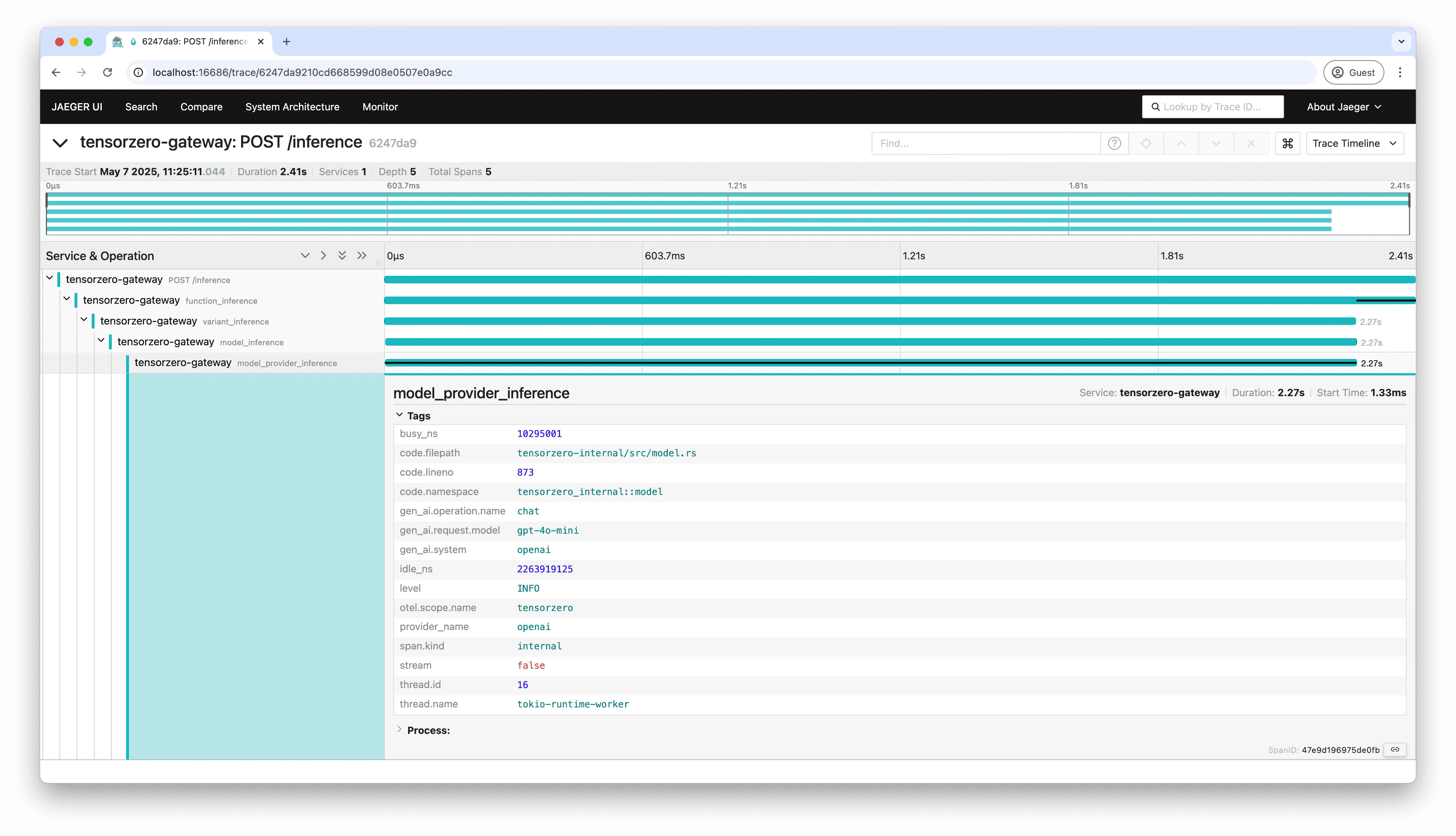 Screenshot of TensorZero Gateway traces in Jaeger